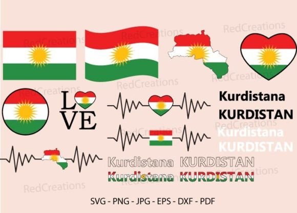 Kurdistan Flag Bundle Svg, Waving, Map